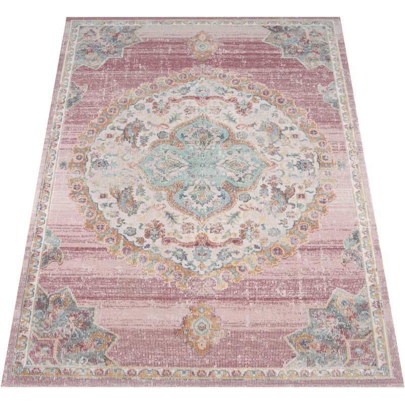 Alfombra Interior y Exterior Balcon Terraza Cocina Oriental Con Ribete Rosa Azul 60x100 cm - Paco Home barato