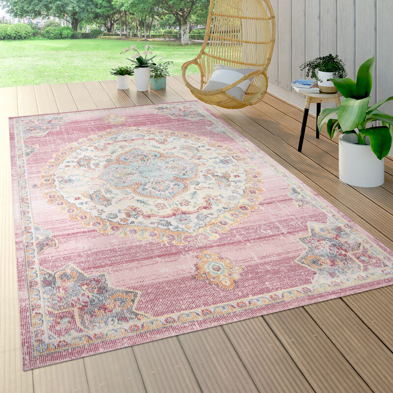 Alfombra Interior y Exterior Balcon Terraza Cocina Oriental Con Ribete Rosa Azul ø 200 cm redon - Paco Home barato