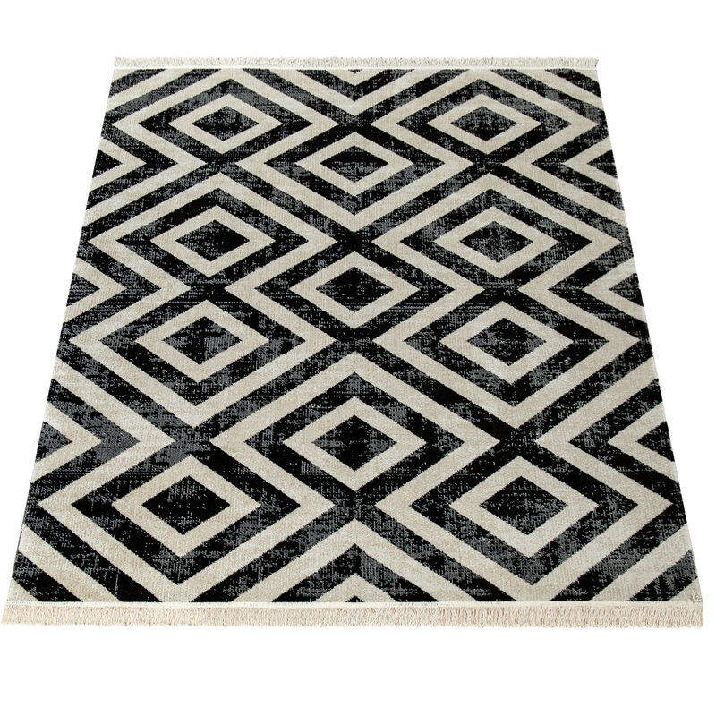 Alfombra Negra Blanca Balcón Terraza Exterior Diseño Escandinavo Rombos Robusta 80x250 cm - Paco Home barato