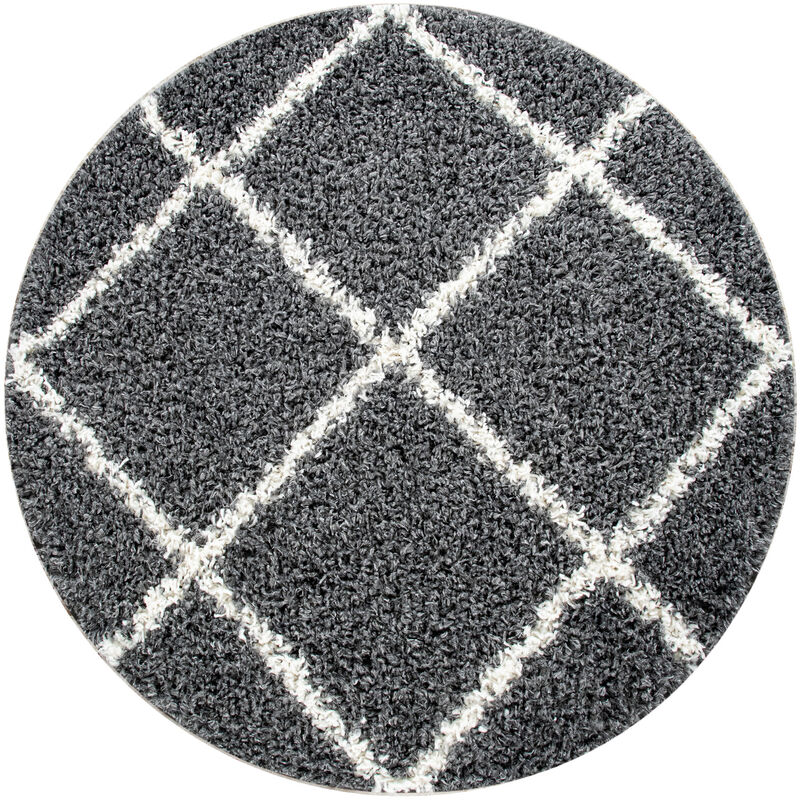 Alfombra Pelo Largo Redonda Salón Moderna Shaggy Escandinava Rombos Antracita