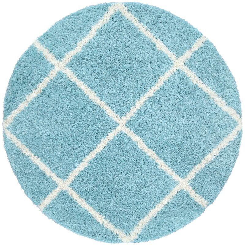 Alfombra Pelo Largo Redonda Salón Moderna Shaggy Escandinava Rombos Turquesa