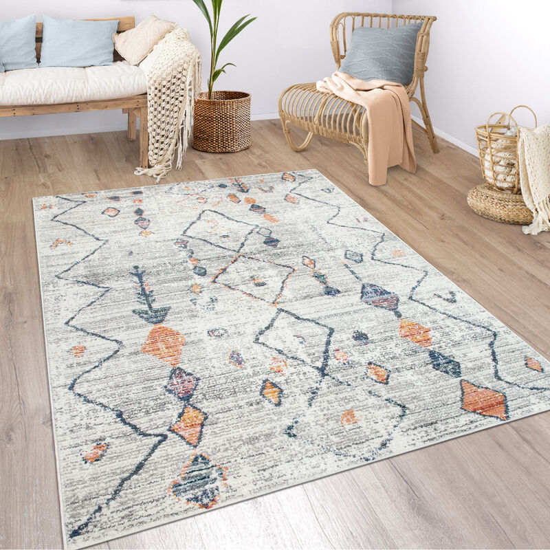 Alfombra Salón Bohemia Étnica Marroquí Moderna Pelo Corto Estructura Color Beige 80x150 cm