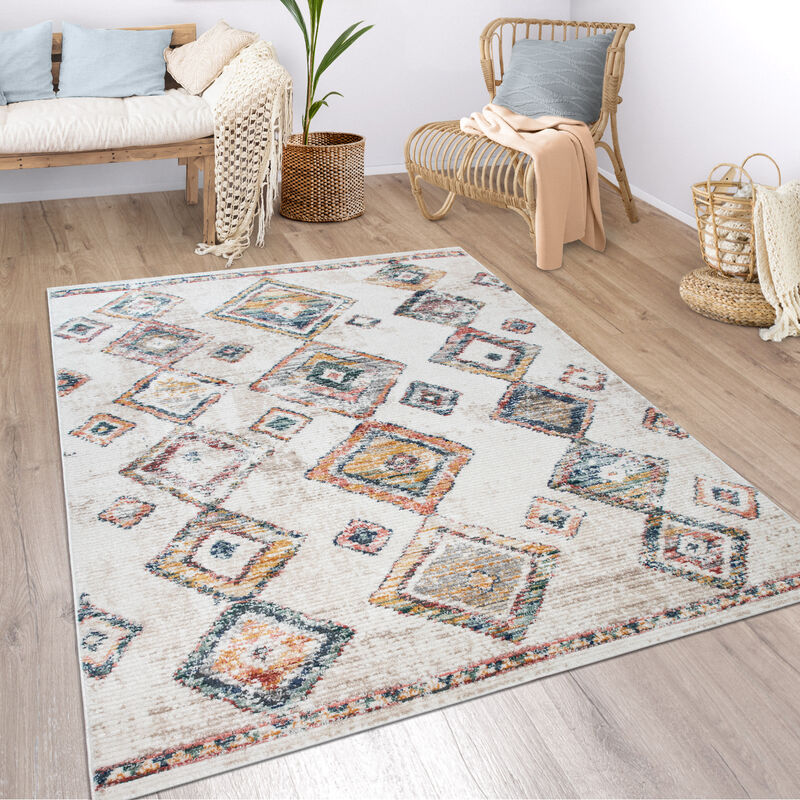 Alfombra Salón Bohemia Étnica Marroquí Moderna Pelo Corto Estructura Color Beige 80x150 cm