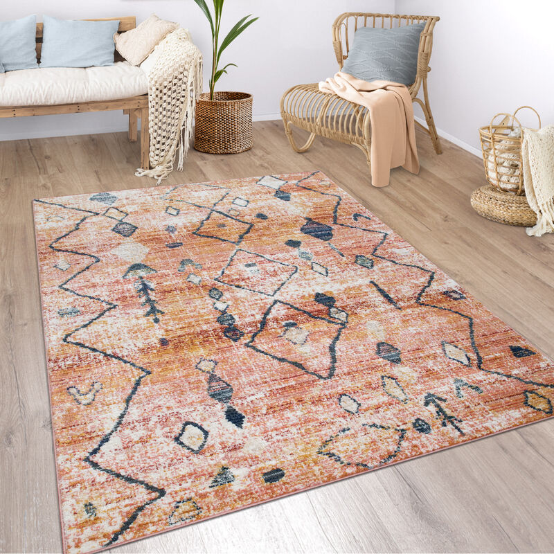 Alfombra Salón Bohemia Étnica Marroquí Moderna Pelo Corto Estructura Color Beige 80x150 cm