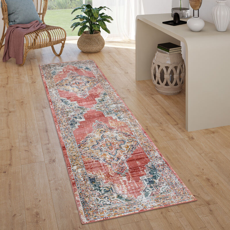 Alfombra Salón Pelo Corto Vintage Pastel Motivo Moderno Oriental 80x300 cm