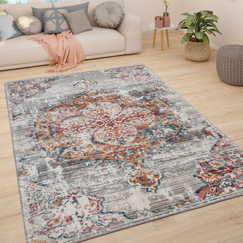 Alfombra Salón Pelo Corto Vintage Pastel Motivo Moderno Oriental Antracita