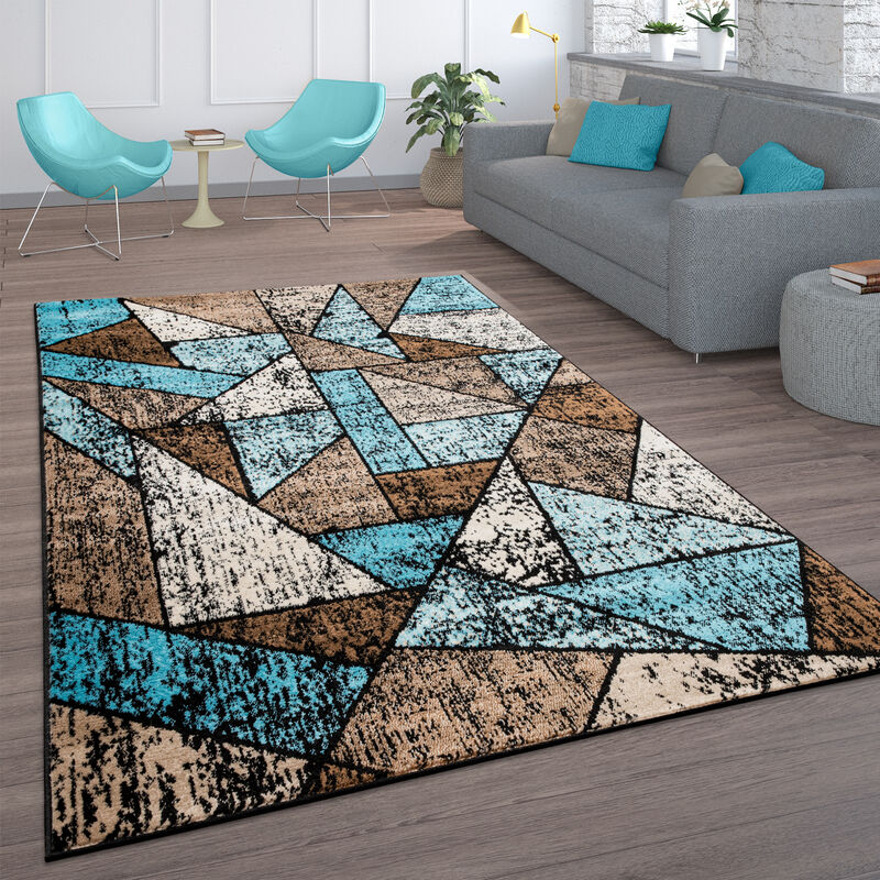 Alfombra Salón Vintage Pelo Corto Estampado Marroquí Rombos Turquesa Marrón 120x170 cm