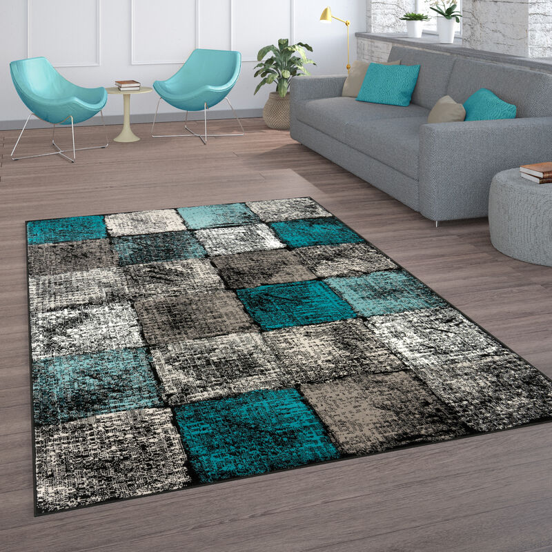 Alfombra Salón Vintage Pelo Corto Estampado Marroquí Rombos Turquesa Marrón 120x170 cm
