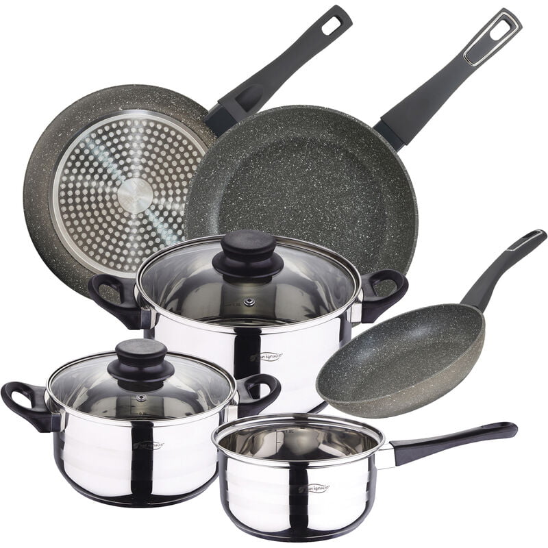 Bateria de cocina 5 piezas SAN IGNACIO de acero inoxidable con juego de sartenes Mercury (20/24/28 cm) en aluminio forjado aptas para induccion barato