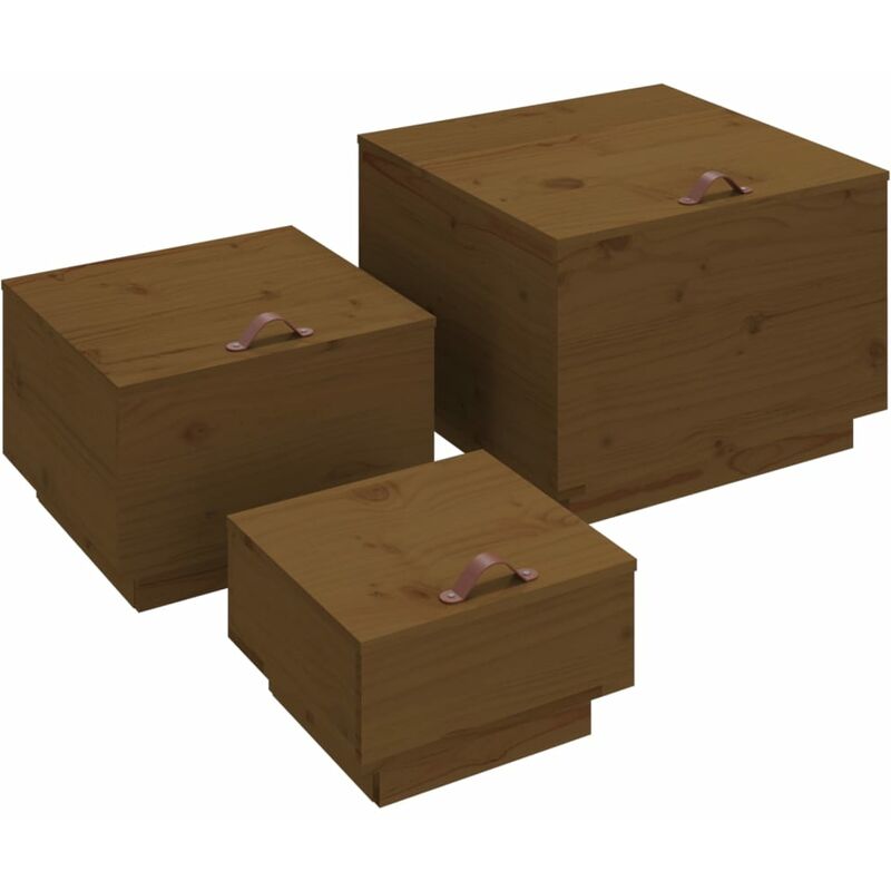 Cajas de almacenaje con tapa 3 pzas madera maciza pino miel Vidaxl Marrón barato