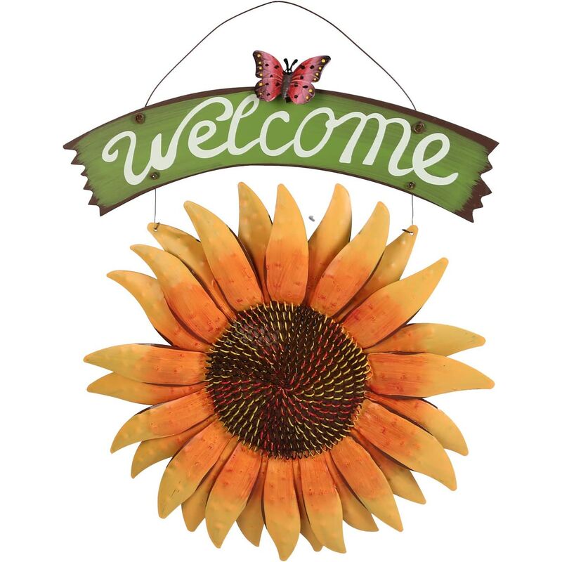 Cartel de bienvenida de mariposa y girasol de metal vintage hecho a mano