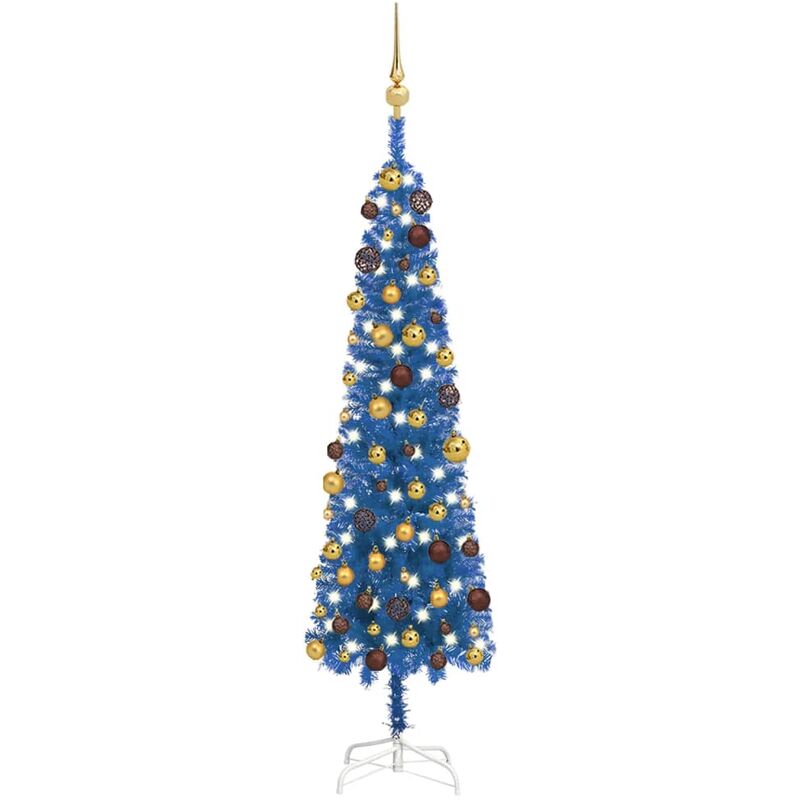 Rbol de Navidad estrecho con LEDs y bolas azul 150 cm Vidaxl Azul barato